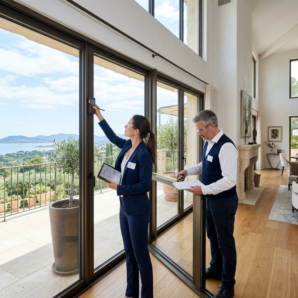 Professional engineers measuring premium windows inside a luxury villa